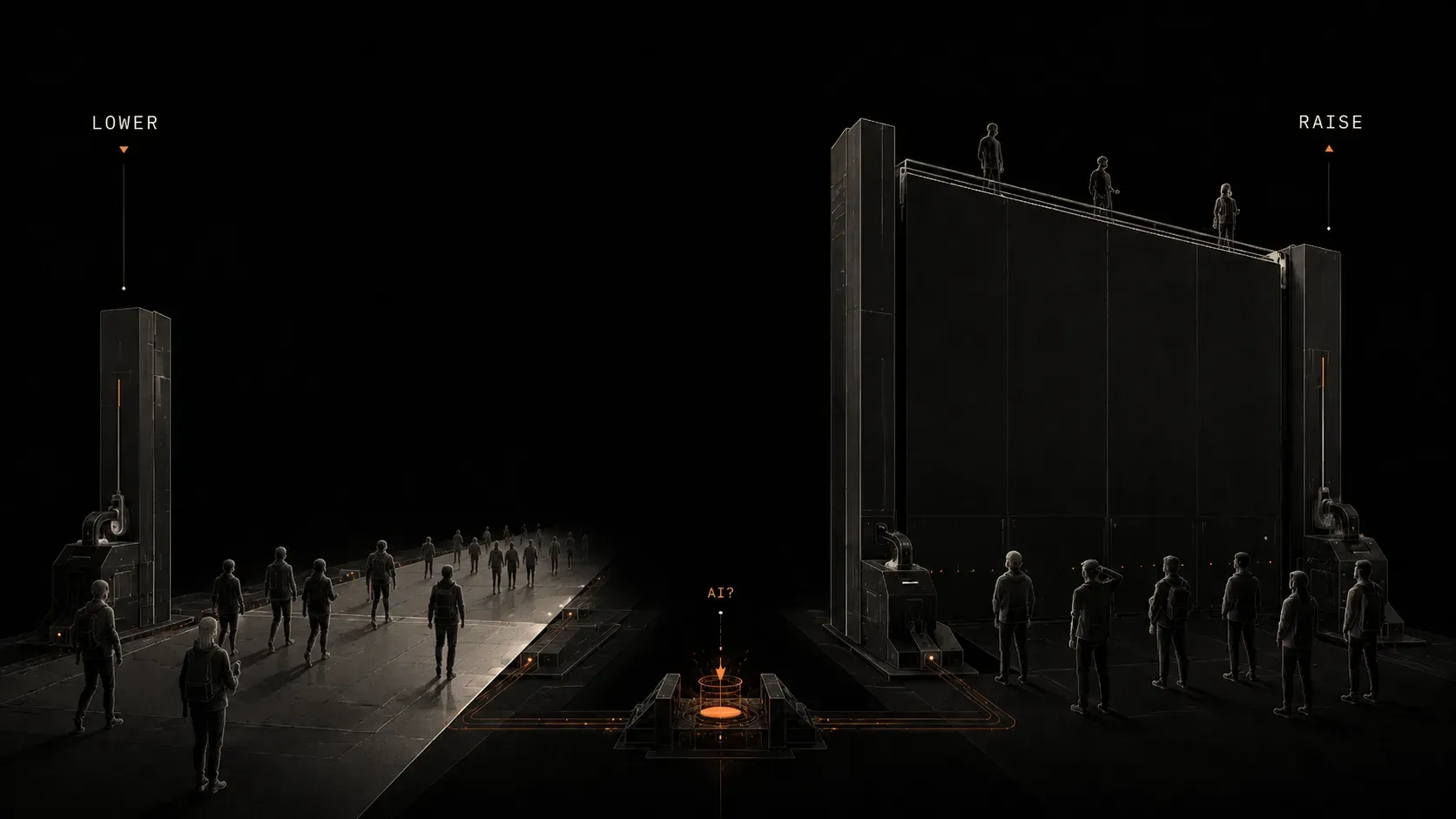 A dark editorial illustration of two structures on a near-black ground. On the left, labelled "lower", a low open gateway with people walking through it easily. On the right, labelled "raise", a tall sheer wall with a crowd gathered at its base and only a few figures up on top. A small burnt-orange flame burns in the centre between them, the choice not yet made.