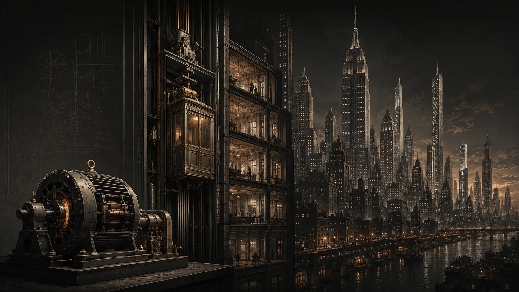 A warm gold-on-black illustration: a heavy electric motor in the foreground drives an open elevator shaft climbing a building, with a skyline of lit skyscrapers and a river beyond. Electricity made the elevator, the elevator made the tall building, the tall building made the modern city.