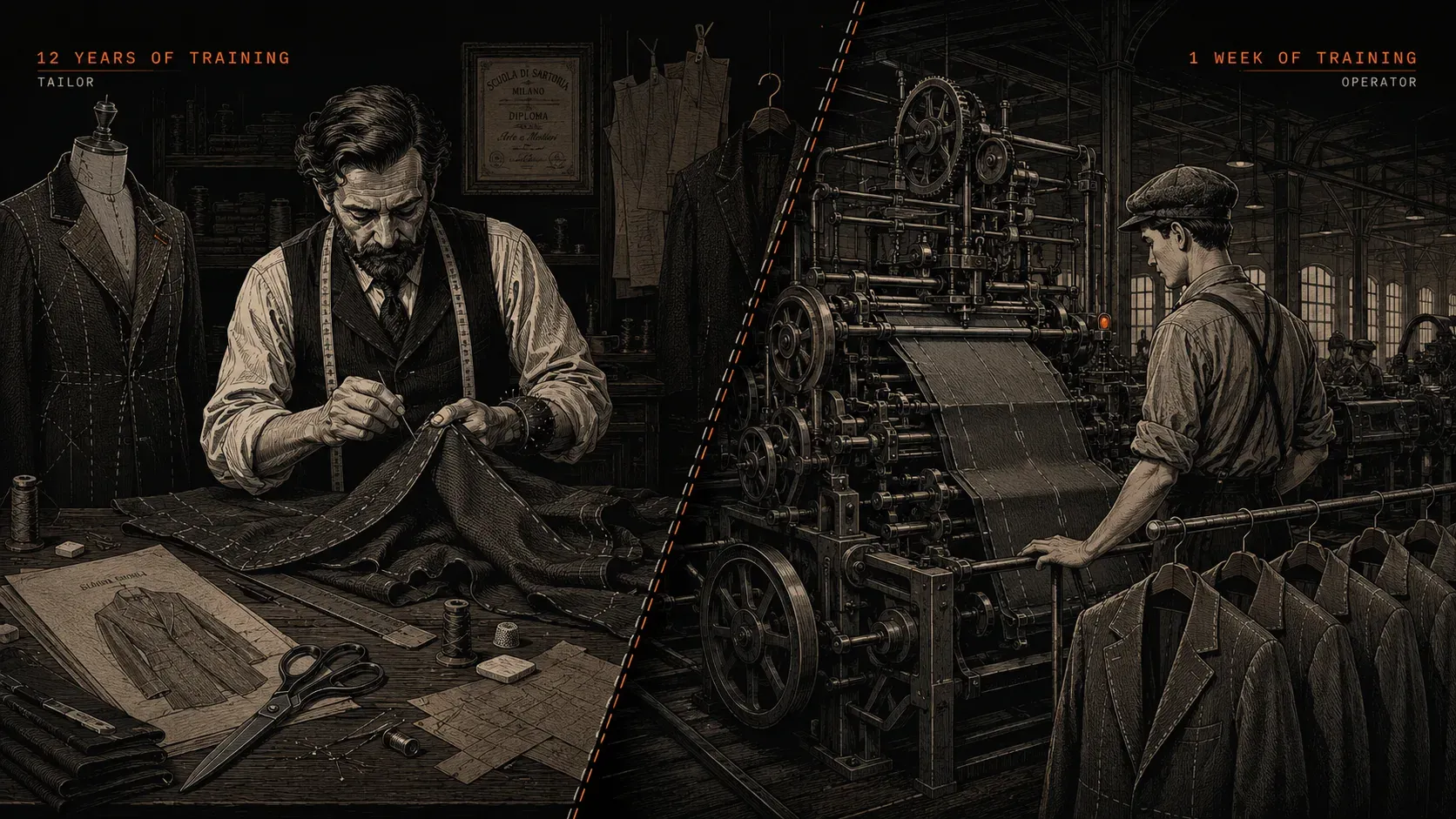 A split editorial illustration in warm gold on near-black, divided by a thin orange diagonal. On the left, "12 years of training": a master tailor hand-cutting cloth at his bench in a workshop. On the right, "1 week of training": a young operator tending a powered loom on a mill floor. The skill that took twelve years became a skill that took a week.