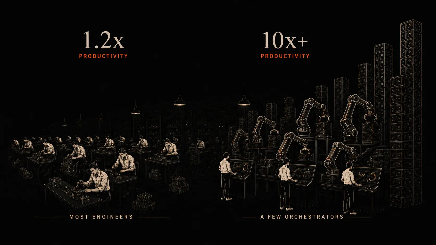 A two-panel illustration. On the left, labeled "MOST ENGINEERS, 1.2x PRODUCTIVITY", rows of identical engineers sit at identical desks under hanging lamps, looking down at their screens. On the right, labeled "A FEW ORCHESTRATORS, 10x+ PRODUCTIVITY", three engineers stand in front of small robot factories at full scale, each operating a control panel that drives robotic arms producing stacks of output.