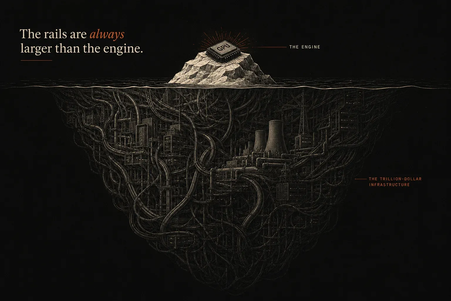 An iceberg composition in warm gold on near-black. Above the waterline, a small rocky peak with a glowing orange microchip, labelled "the engine". Below it, a vast tangled mass of pipes and structures that dwarfs the peak, labelled "the trillion-dollar infrastructure". The rails are always larger than the engine.