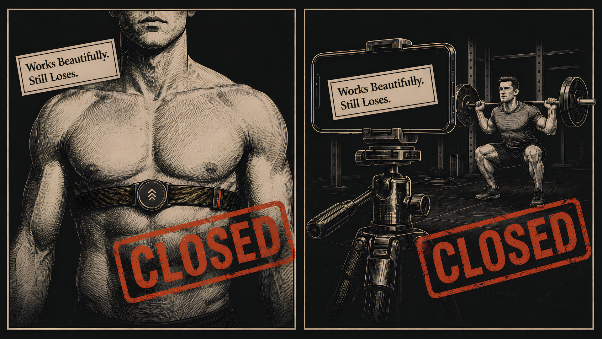 A dark editorial diptych, the autopsy of FITIZENS. Left, a chest-strap sensor with a note reading works beautifully, still loses and a CLOSED stamp. Right, a phone on a tripod filming an athlete squatting, the same note and the same CLOSED stamp. Two technically superior builds, both shut down.
